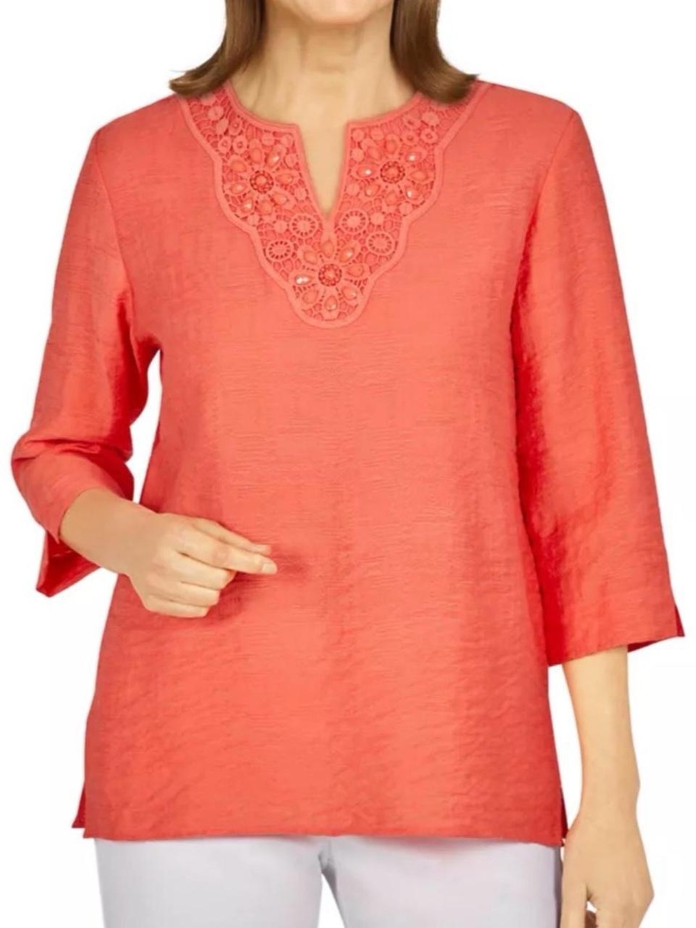 Alfred Dunner Tiki Time Beaded Neck Top Blouse Size Large